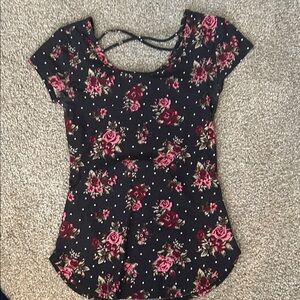 No Boundaries Black and Pink Floral Short Sleeve Top